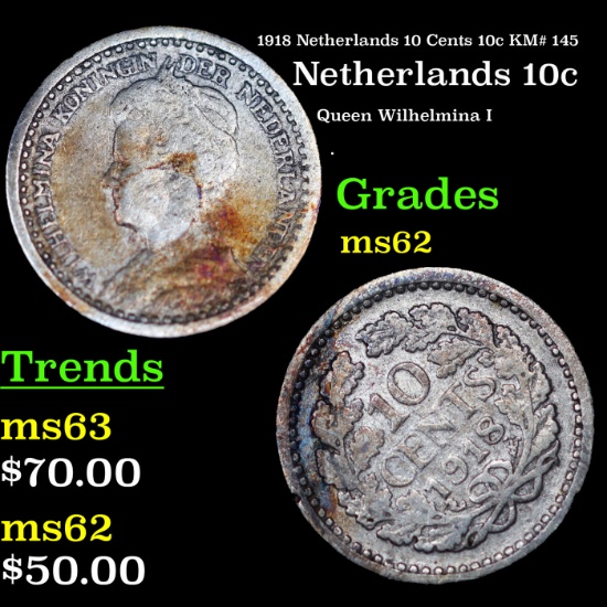 1918 Netherlands 10 Cents 10c KM# 145 Grades Select Unc
