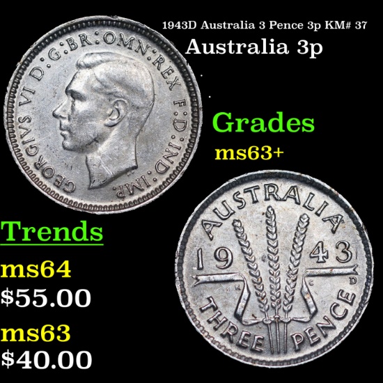 1943D Australia 3 Pence 3p KM# 37 Grades Select+ Unc