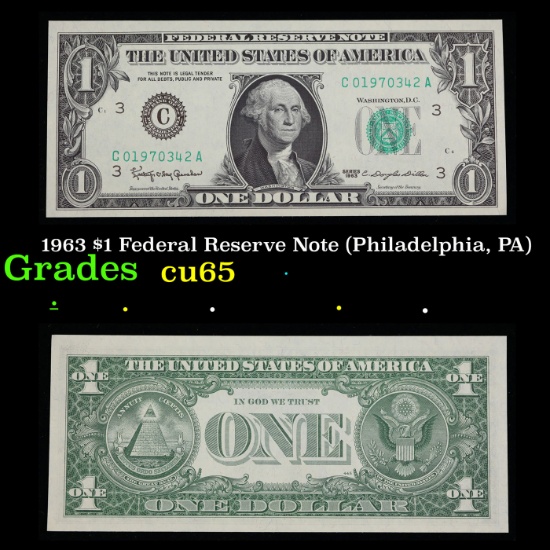 1963 $1 Federal Reserve Note (Philadelphia, PA) Grades Gem CU