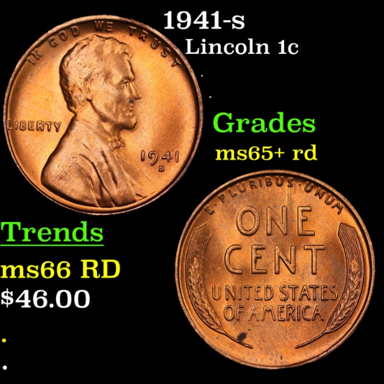 1941-s Lincoln Cent 1c Grades Gem+ Unc RD