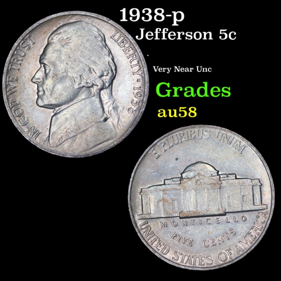 1938-p Jefferson Nickel 5c Grades Choice AU/BU Slider