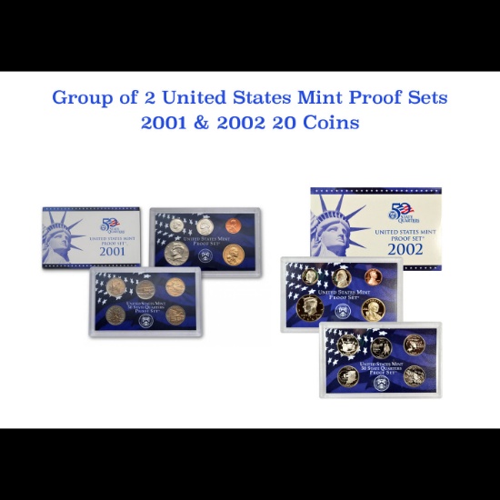 Group of 2 United States Mint Proof Sets 2001-2002 20 coins.