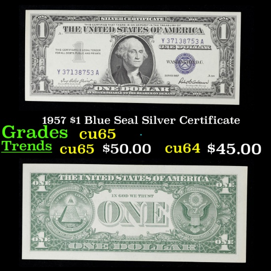 1957 $1 Blue Seal Silver Certificate Grades Gem CU