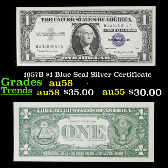 1957B $1 Blue Seal Silver Certificate Grades Choice AU/BU Slider