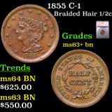 1855 Braided Hair Half Cent C-1 1/2c Graded ms63+ bn By SEGS