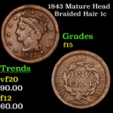 1843 Mature Head Braided Hair Large Cent 1c Grades f+