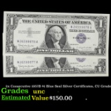 2x Consecutive 1957B $1 Blue Seal Silver Certificates, CU Grade Grades Brilliant Uncirculated