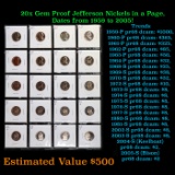 20x Proof Jefferson Nickels in a Page, Dates from 1959 to 2005! Jefferson Nickel 5c Grades Brilliant