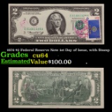 1976 $2 Federal Reserve Note 1st Day of Issue, with Stamp Grades Choice CU