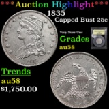 ***Auction Highlight*** 1835 Capped Bust Quarter 25c Graded Choice AU/BU Slider By USCG (fc)