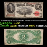 1917 $2 Large Size Legal Tender Note FR-60 Thomas Jefferson Grades Select AU