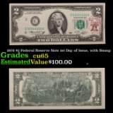 1976 $2 Federal Reserve Note 1st Day of Issue, with Stamp Grades Gem CU