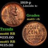 1919-p Lincoln Cent 1c Grades Gem+ Unc RB
