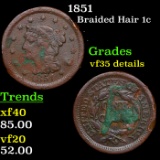 1851 Braided Hair Large Cent 1c Grades VF Details