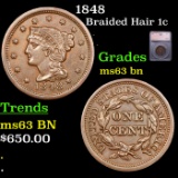 1848 Braided Hair Large Cent 1c Graded ms63 bn BY SEGS