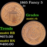 1865 Fancy 5 Two Cent Piece 2c Grades Choice Unc RB