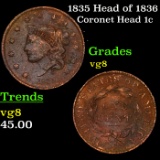 1835 Head of 36, Stars Coronet Head Large Cent 1c Grades vf details