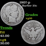 1907-p Barber Quarter 25c Grades vg+