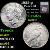 1935-p Peace Dollar $1 Graded ms64+ BY SEGS