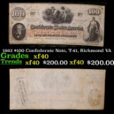 1862 $100 Confederate Note, T-41, Richmond VA Grades xf