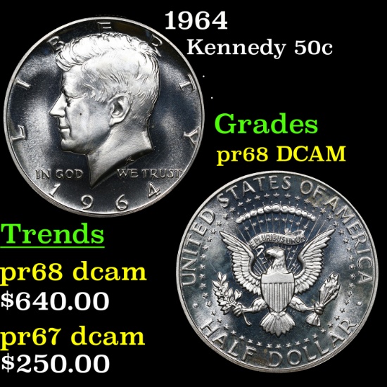 Proof 1964 Kennedy Half Dollar 50c Grades GEM++ Proof Deep Cameo