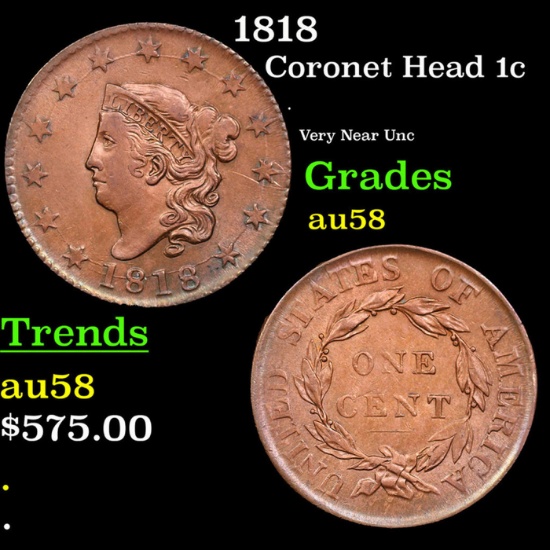 1818 Coronet Head Large Cent 1c Grades Choice AU/BU Slider