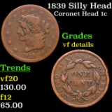 1839 Silly Head Coronet Head Large Cent 1c Grades vf details