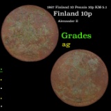 1867 Finland 10 Pennia 10p KM-5.1 Grades ag