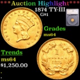 ***Auction Highlight*** 1874 Gold Dollar TY-III $1 Graded ms64 By SEGS (fc)