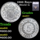 1866 Rays Shield Nickel 5c Graded ms63+ BY SEGS