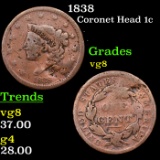 1838 Coronet Head Large Cent 1c Grades vg, very good