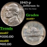 1943-p Jefferson Nickel 5c Grades GEM++ Unc