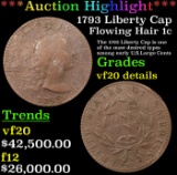 ***Auction Highlight*** 1793 Liberty Cap Flowing Hair large cent 1c Graded vf20 details BY SEGS (fc)