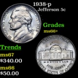 1938-p Jefferson Nickel 5c Grades GEM++ Unc