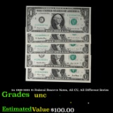 5x 1969-2001 $1 Federal Reserve Notes, All CU, All Different Series Grades Brilliant Uncirculated