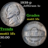 1938-p Jefferson Nickel 5c Grades Select Unc 5fs