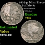 1936-p Buffalo Nickel Mint Error 5c Grades vf++