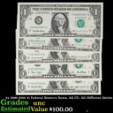 5x 1969-2001 $1 Federal Reserve Notes, All CU, All Different Series Grades Brilliant Uncirculated