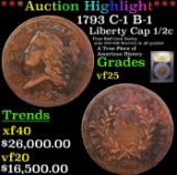 ***Auction Highlight*** 1793 Liberty Cap half cent C-1 B-1 1/2c Graded vf+ By USCG (fc)