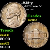 1938-p Jefferson Nickel 5c Grades GEM+ Unc
