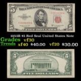 1953B $5 Red Seal United States Note Grades vf++