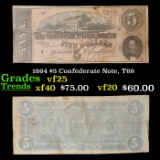 1864 $5 Confederate Note, T69 Grades vf+