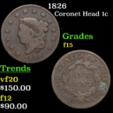 1826 Coronet Head Large Cent 1c Grades f+