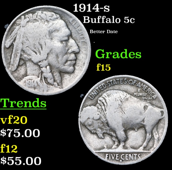 1914-s Buffalo Nickel 5c Grades f+