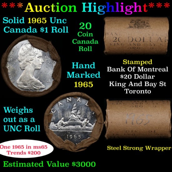 ***Auction Highlight*** Full Roll of Silver 1965 Canadian Dollar with Queen Elizabeth II, 20 Coins i