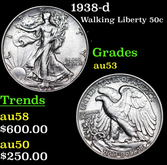 1938-d Walking Liberty Half Dollar 50c Grades Select AU