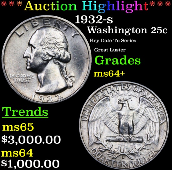 ***Auction Highlight*** 1932-s Washington Quarter 25c Graded ms64+ BY SEGS (fc)