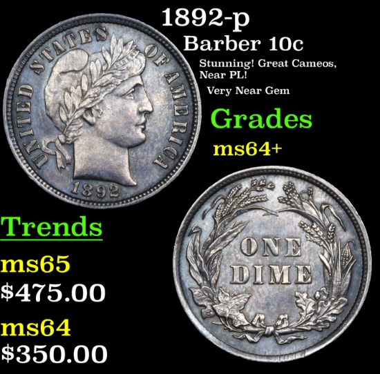 1892-p Barber Dime 10c Grades Choice+ Unc