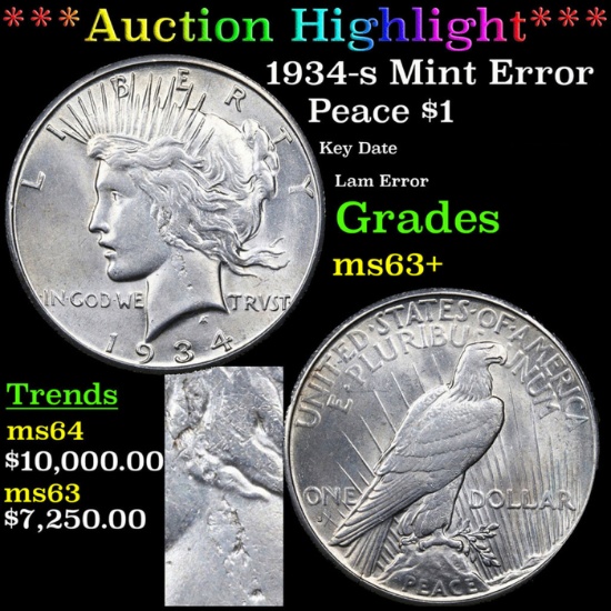 ***Auction Highlight*** 1934-s Peace Dollar Mint Error $1 Grades Select+ Unc By SEGS (fc)
