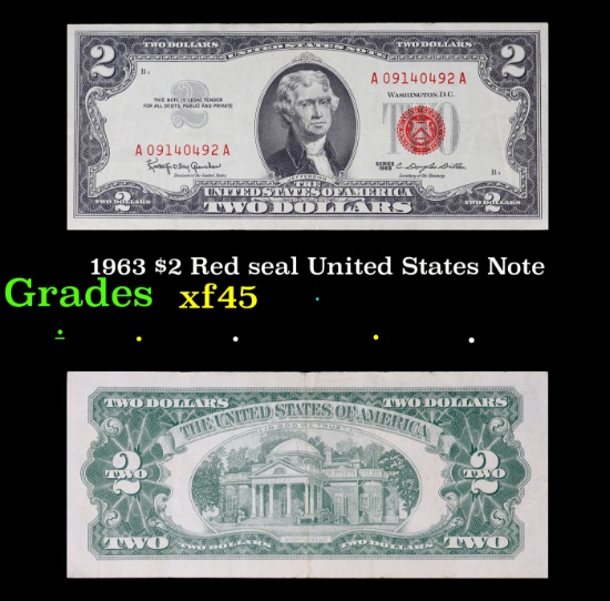 1963 $2 Red seal United States Note Grades xf+